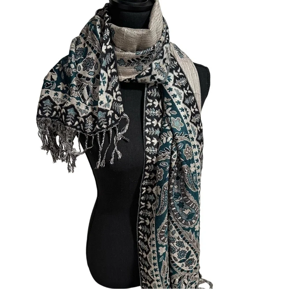 Elegant Shawl Wrap Scarf Double-Sided Super Soft Rayon Silver Emerald Green